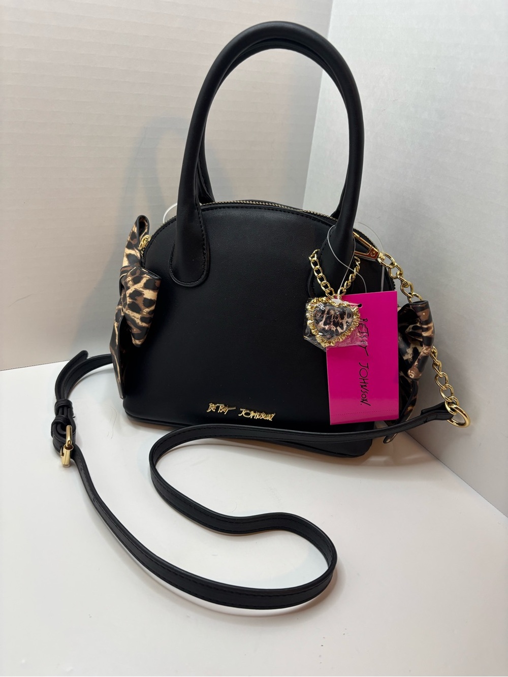 Betsey Johnson Black Leopard Bow Satchel Crossbody Bag NWT